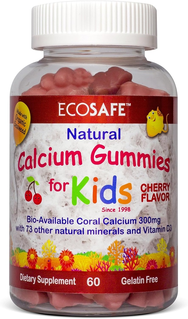 ECO SAFE Coral Calcium Vitamiin D3 Kids Gummy, Natural Cherry Maitse, Non GMO, Gluteenivaba, Piimavaba, Soja-Vaba ja želatiin Vaba - 300 mg kaltsiumi ja 800 RÜ Vitamiin D3-60 Gummies (2 Pack)