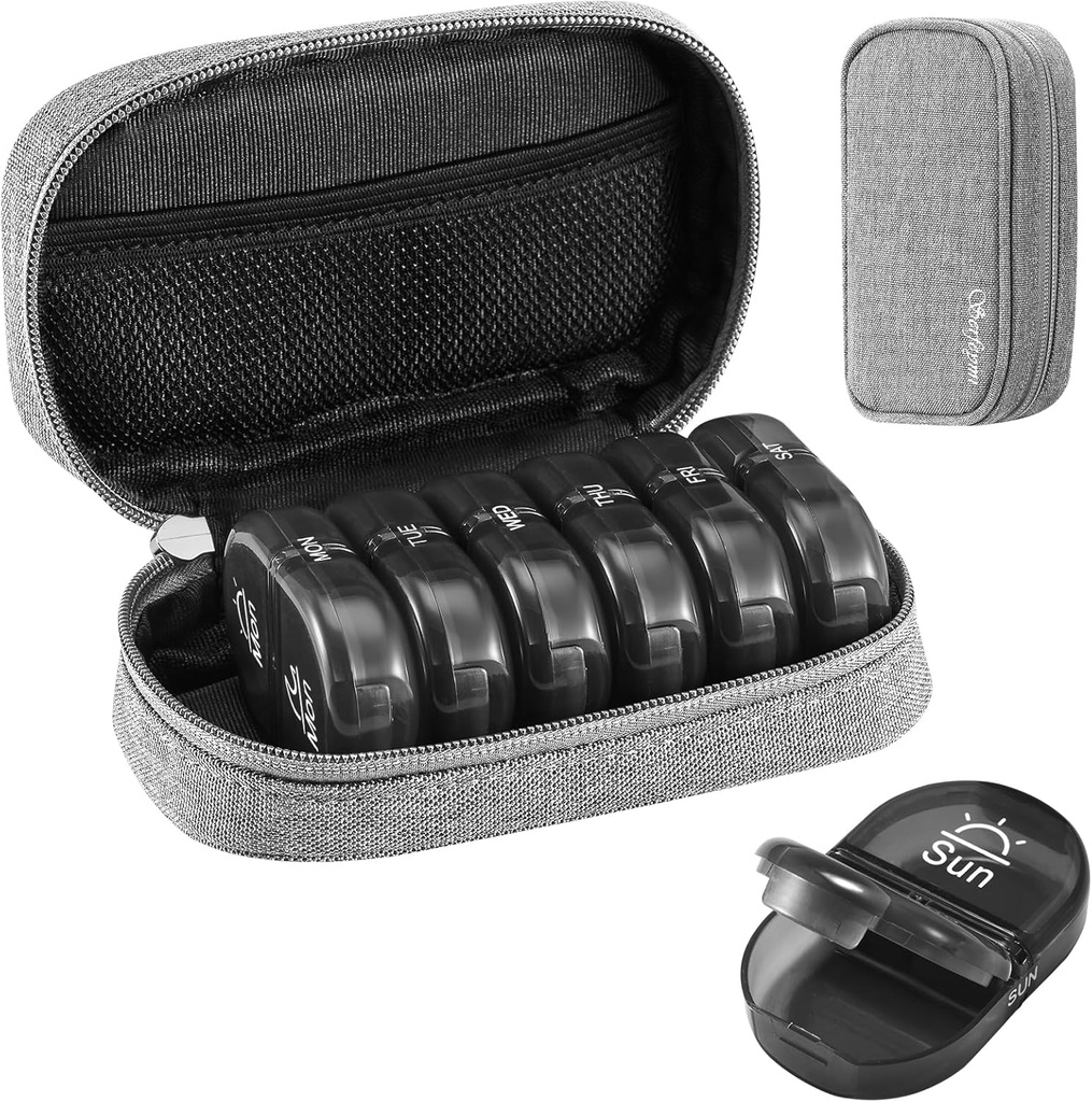 Serfeymi Weekly Travel Pill Korraldaja 2 korda päevas PM Täiustatud Black Pill Box 7 päeva kaasaskantav Zipper Canvas Pill Case, meditsiin Korraldaja pillid, vitamiinid, toidulisandid, kalaõlid - Hall 01
