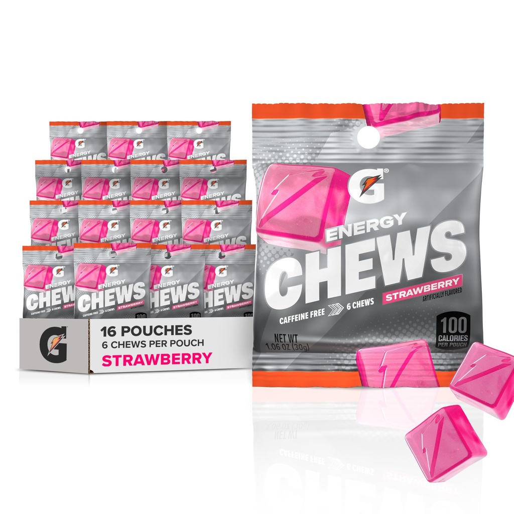Gatorade Energy Chews, Strawberry, Caffeine Free, B12, 1.06 oz - 100 Calorie Pouches, (16 Pack)