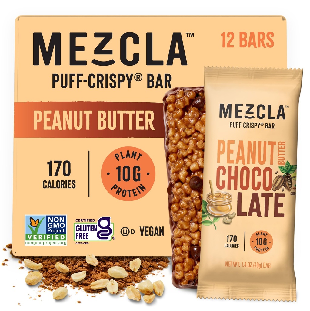 Mezcla Puff Crispy Protein Bars, Gluten Free & Vegan Protein Bars, 10g Valk, Alt Crispy Rice Treat, Granola Bars & Breakfast Bars, Tervislik Snacks täiskasvanutele, Maapähklivõi Chocolate, 12 Pack