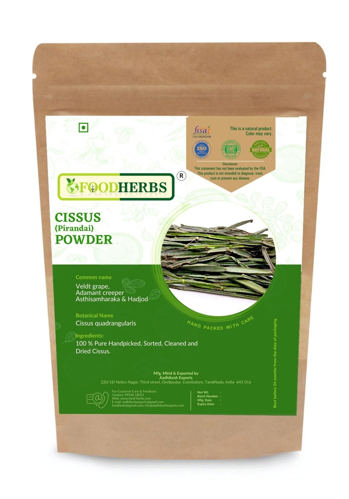 Toidutaimed Cissus Quadrangularis Pulber | 200 GMS / 0,44 Lbs | luude heaolu jaoks | Hadjod | Pirandai | Veldt Grape | Adamant Creeper