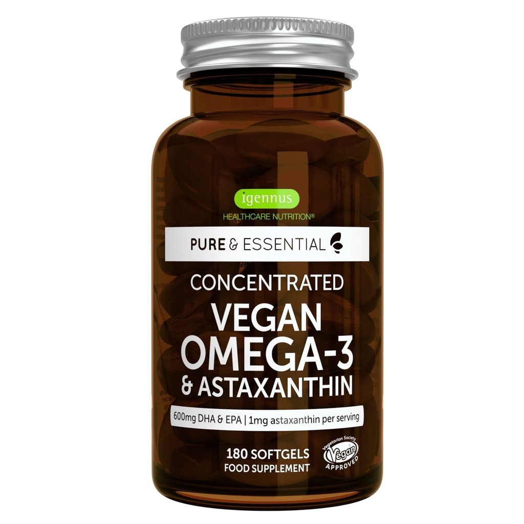 Igennus Vegan Omega-3 looduslik triglütseriidvetikaõli, DHA ja EPA rasvhapete lisand, 180 väikest softgeeli astaksantiiniga, lihtne alla neelata, puhas ja jätkusuutlik, 90 serveerimist