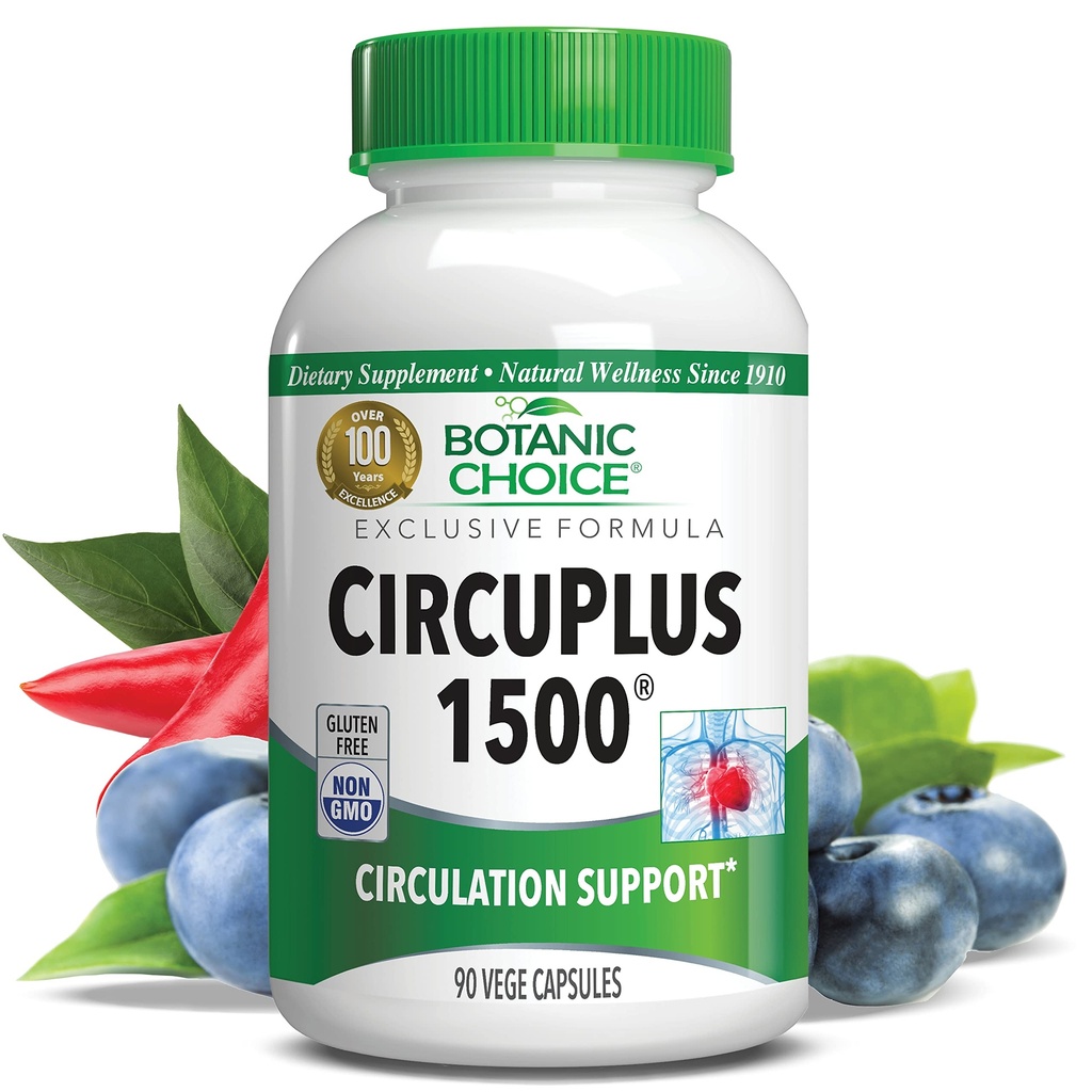 Botaanikavalik CircuPlus 1500 - südame tervis ja tsirkulatsioon ja veenitoetus - vitamiin B1, Cayenne Pepper, Hawthorn, Ginkgo Biloba täiskasvanutele meestele ja naistele (90 kapslit)