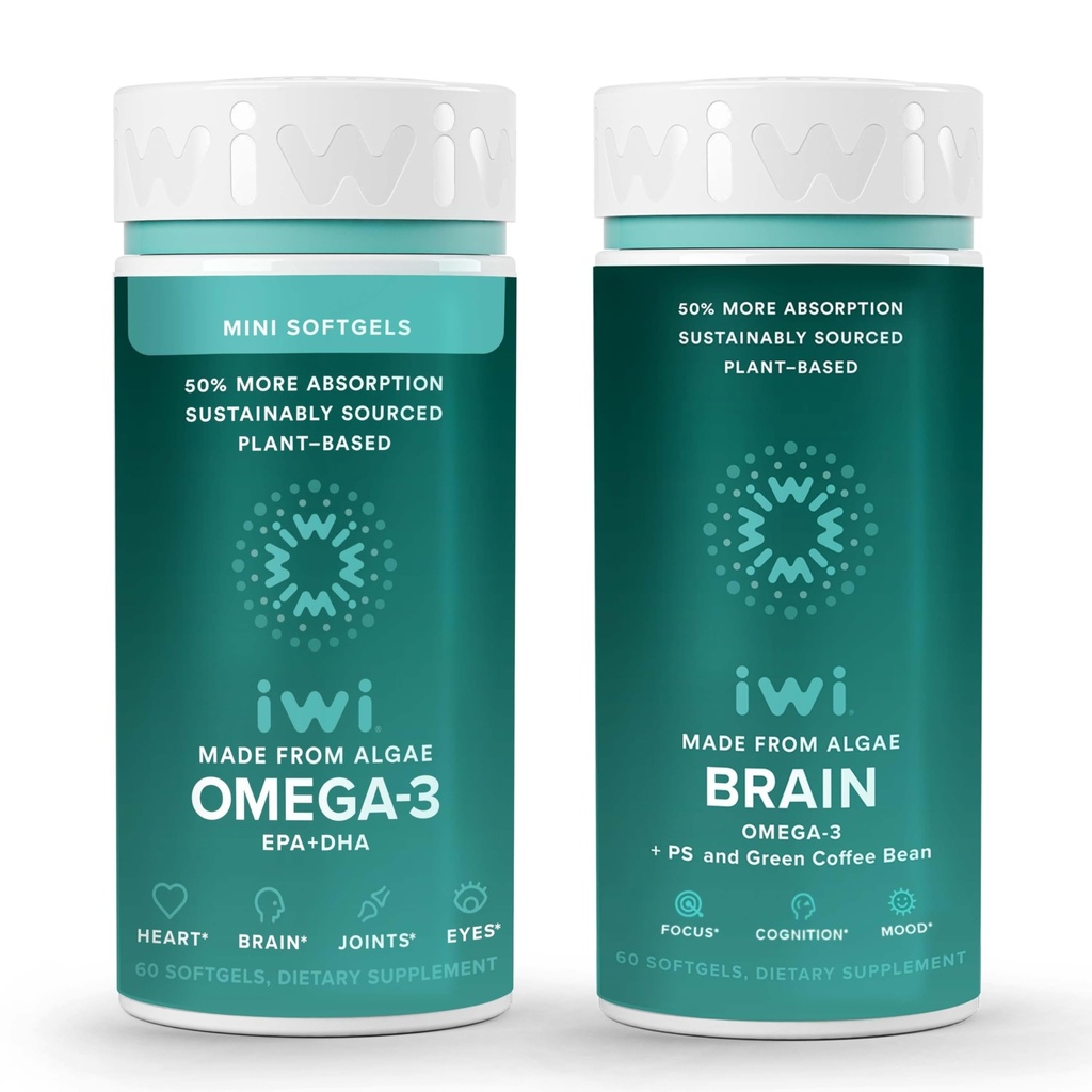 Iwi Omega-3 Minis & Brain Omega-3 Bundle, 30 Servings, Vegan Plant-Based vetikad Omega 3 koos EPA + DHA, Krill & Fish Oil Alternative, No Fishy Aftertaste
