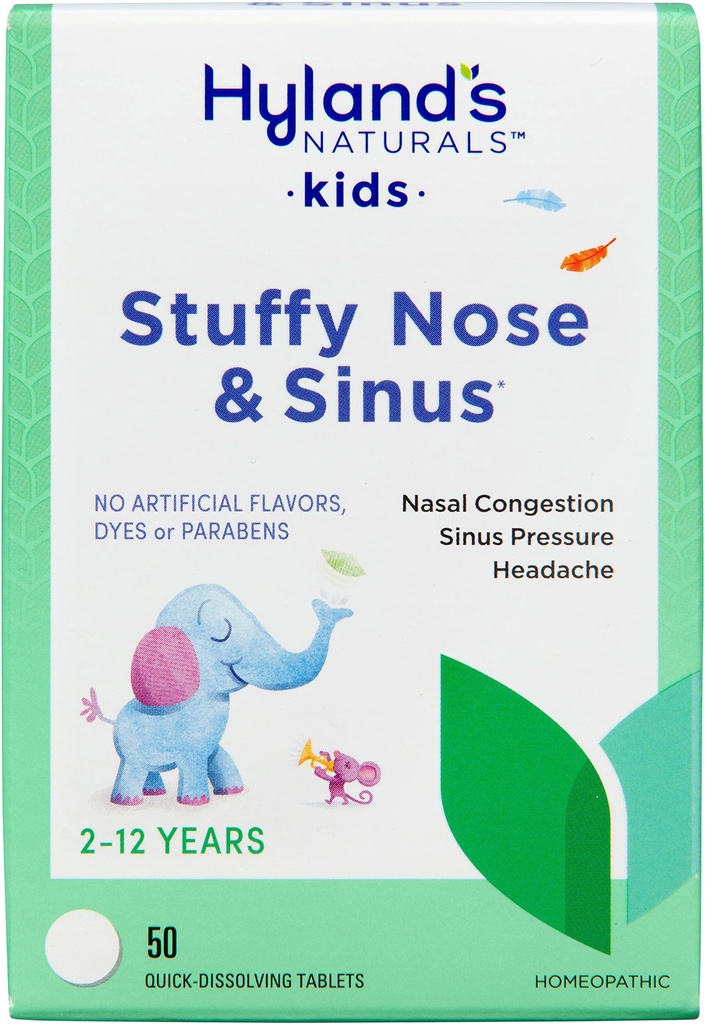 Hyland's Kids Stuffy nina ja siinuse tabletid, külmad ravimid lastele vanuses 2 ja vanemad, peavalu leevendamine ja nina dekongestant, kiire lahustamine tabletid, 50 loend