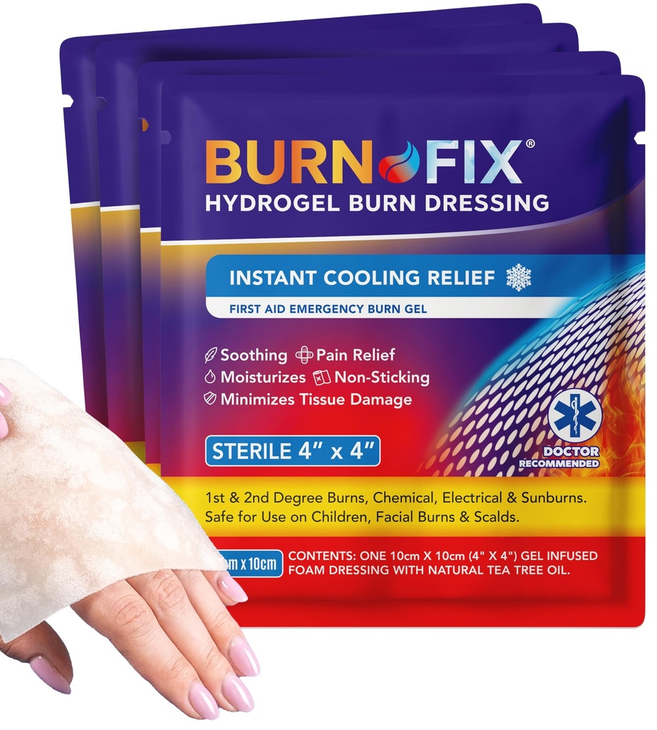BurnFix® - 4 Pack-Burn Gel Dressing 4 x 4" Burn Care Cream esmaabi ravi. Kohene valu leevendamine Hüdrogeel Põletamine 1., 2. astme põletused, Razor & Sunburns kodu, töö, tulekahju, EMS