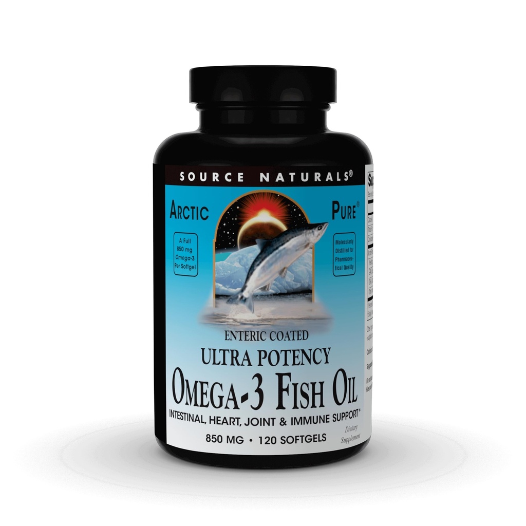 Source Naturals ArcticPure Omega-3 Fish Oil 850mg Ultra Potency EPA + DHA for Heart, Joint, Brain & Immune Health -Enteric Coated for Sensitive Stomachs - 120 Softgels