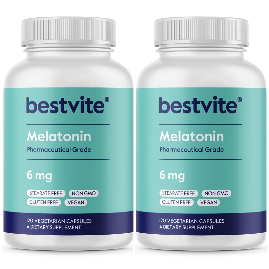 BESTVITE Melatoniin 6 mg (240 taimekapslit) (120 x 2) - Stearaatide puudumine - vegan - mitte GMO - gluteenivaba