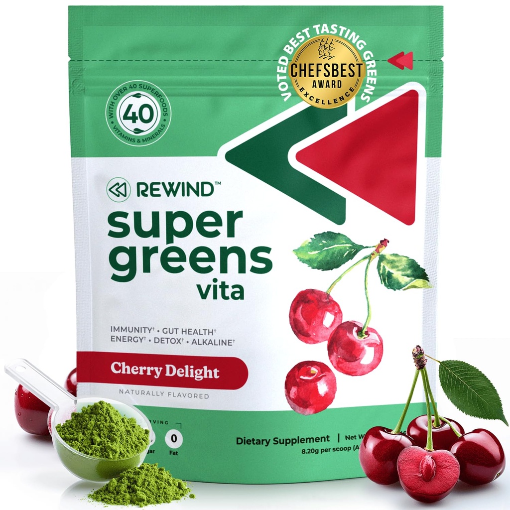Parim maitsev superroheline pulber 40+ supertoiduga – maitsev igapäevane roheline pulber vitamiiniga B12, tsink, C-vitamiin, magneesium ja kaltsium – roheline mahl supertoidusegu – kirsi maitse