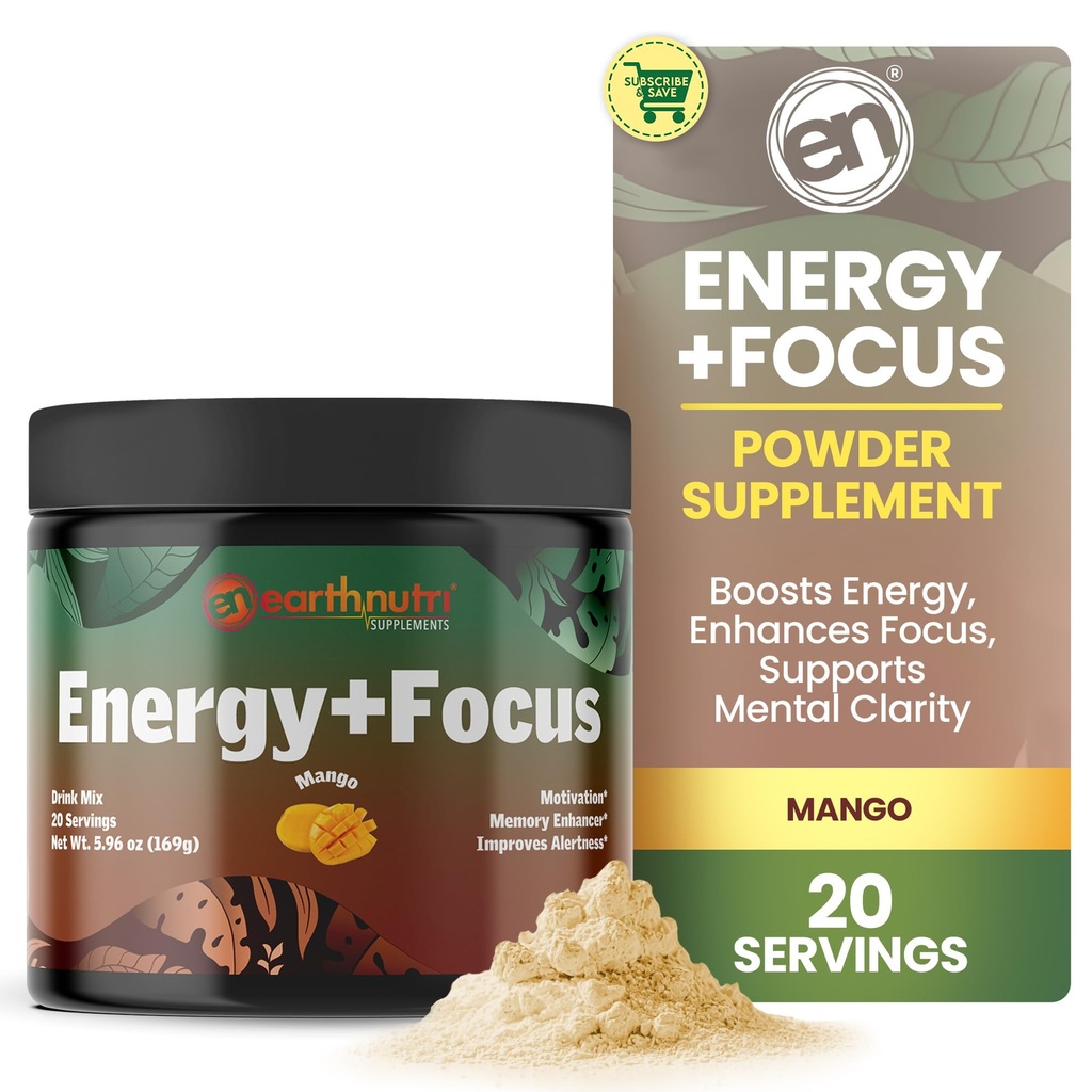 EarthNutri Energy + Focus Powder Supplement - Energy Boost & Aitab kontsentratsioon PeakO2, AlphaSize, Cognizin, PurCaf, Theacrine, Atsetüül L-karnitiin L-türosiin - Mango Maitse - 20 Servings (171 g)