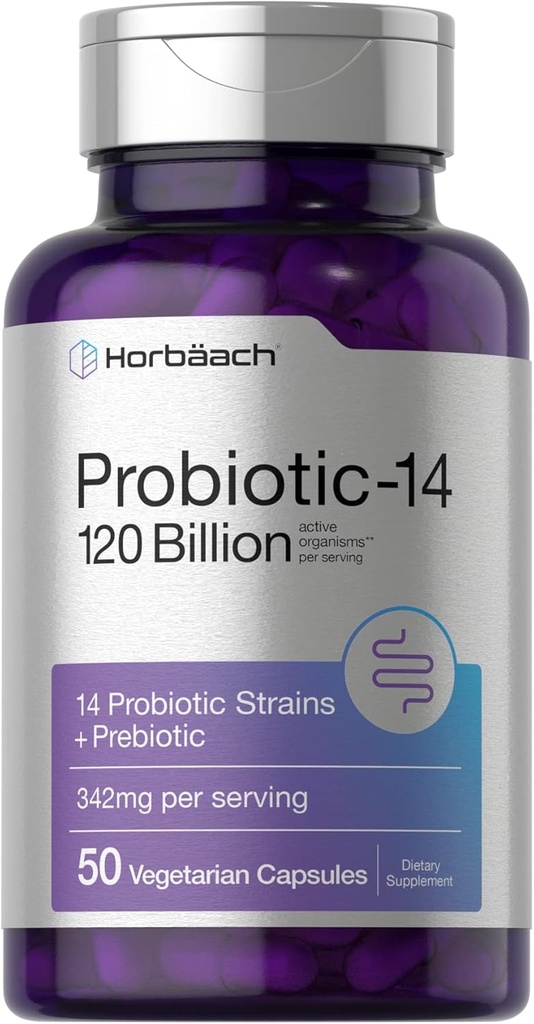 Horbäach probiootikumid 120 miljardit CFU | 14 prebiootikumidega tüved | naistele ja meestele | 50 kapslit | taimetoitlane, mitte-GMO ja gluteenivaba lisand