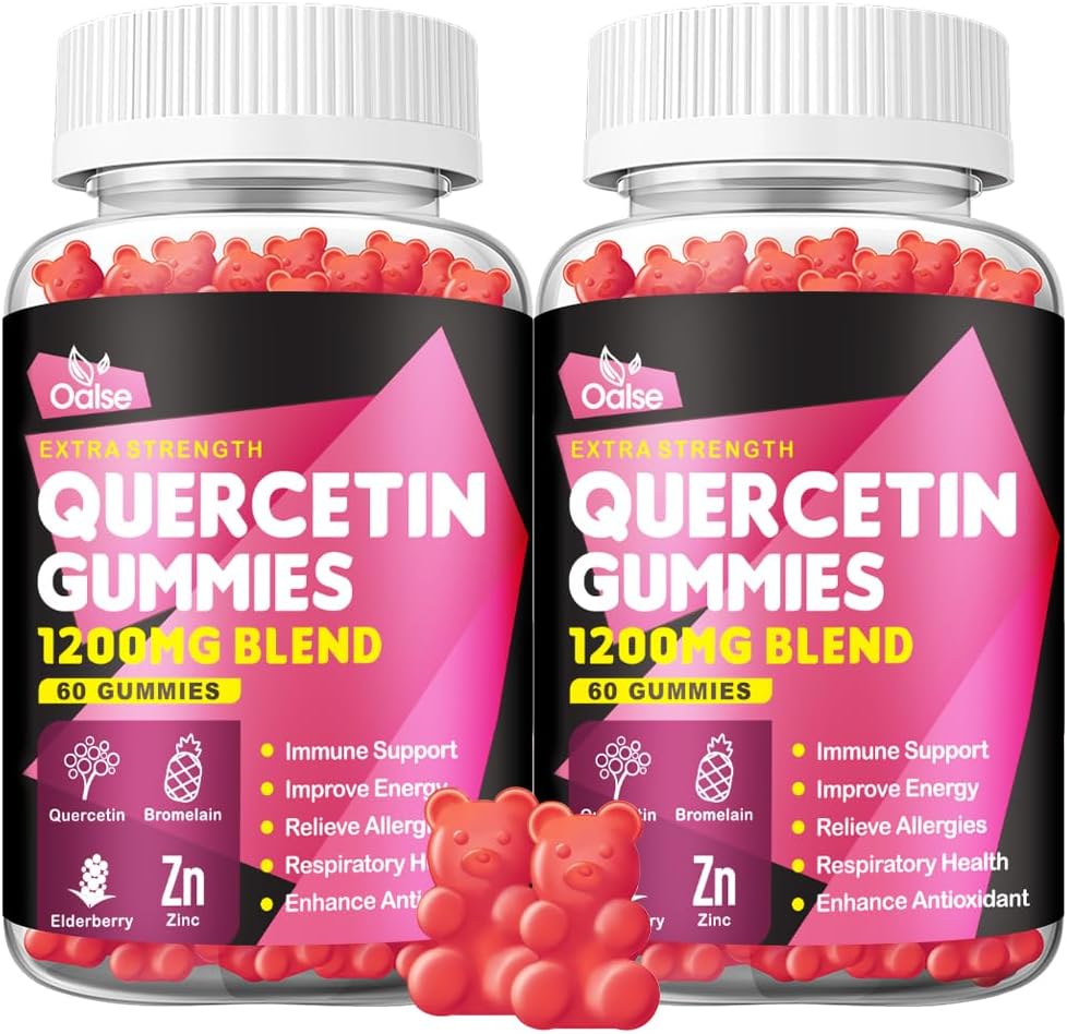Quercetin Gummies - Quercetin koos C-vitamiini ja tsink + Bromelain + Elderberry + Vitamiin D3-1200mg Quercetin Supplements lastele ja täiskasvanutele Immunity & Allergy Support (2 Pack)