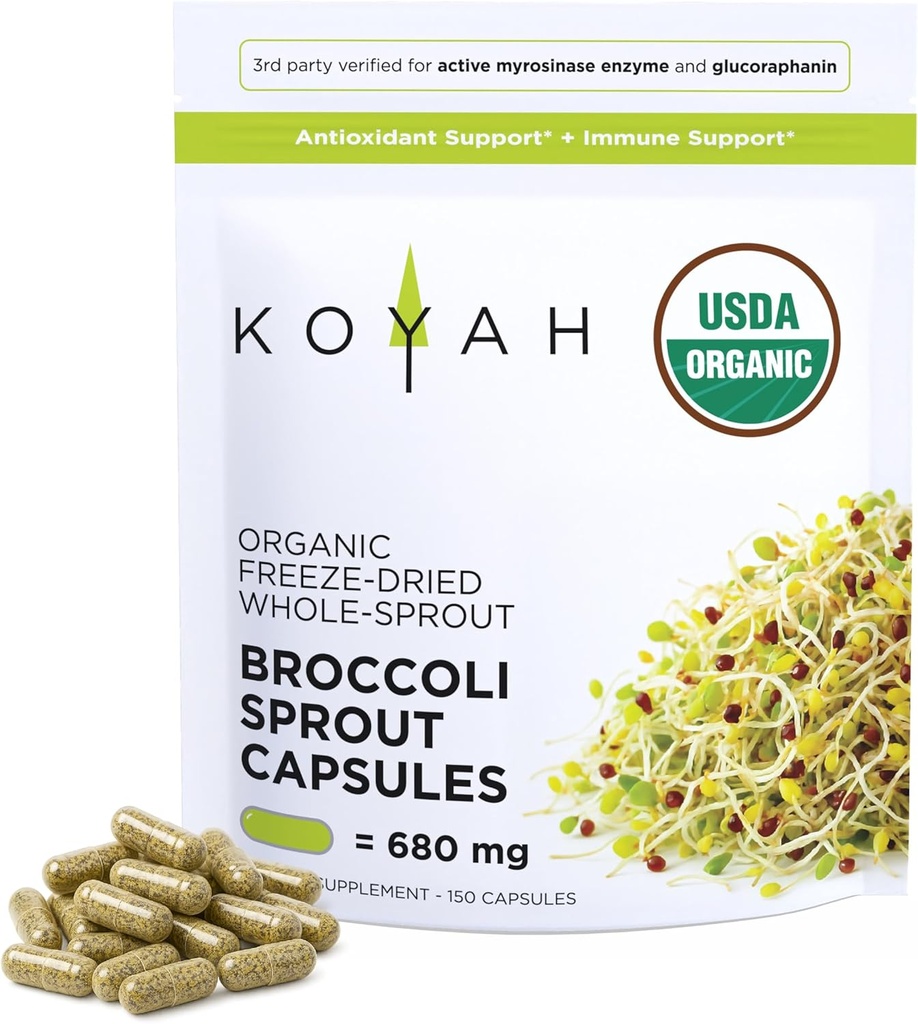 KOYAH Organic Broccoli Sprout Capsules – Freeze-Dried Whole Broccoli Sprouts – 3rd Party Tested for Active Myrosinase & Glucoraphanin (Sulforaphane Glucosinolate) - 150 Capsules