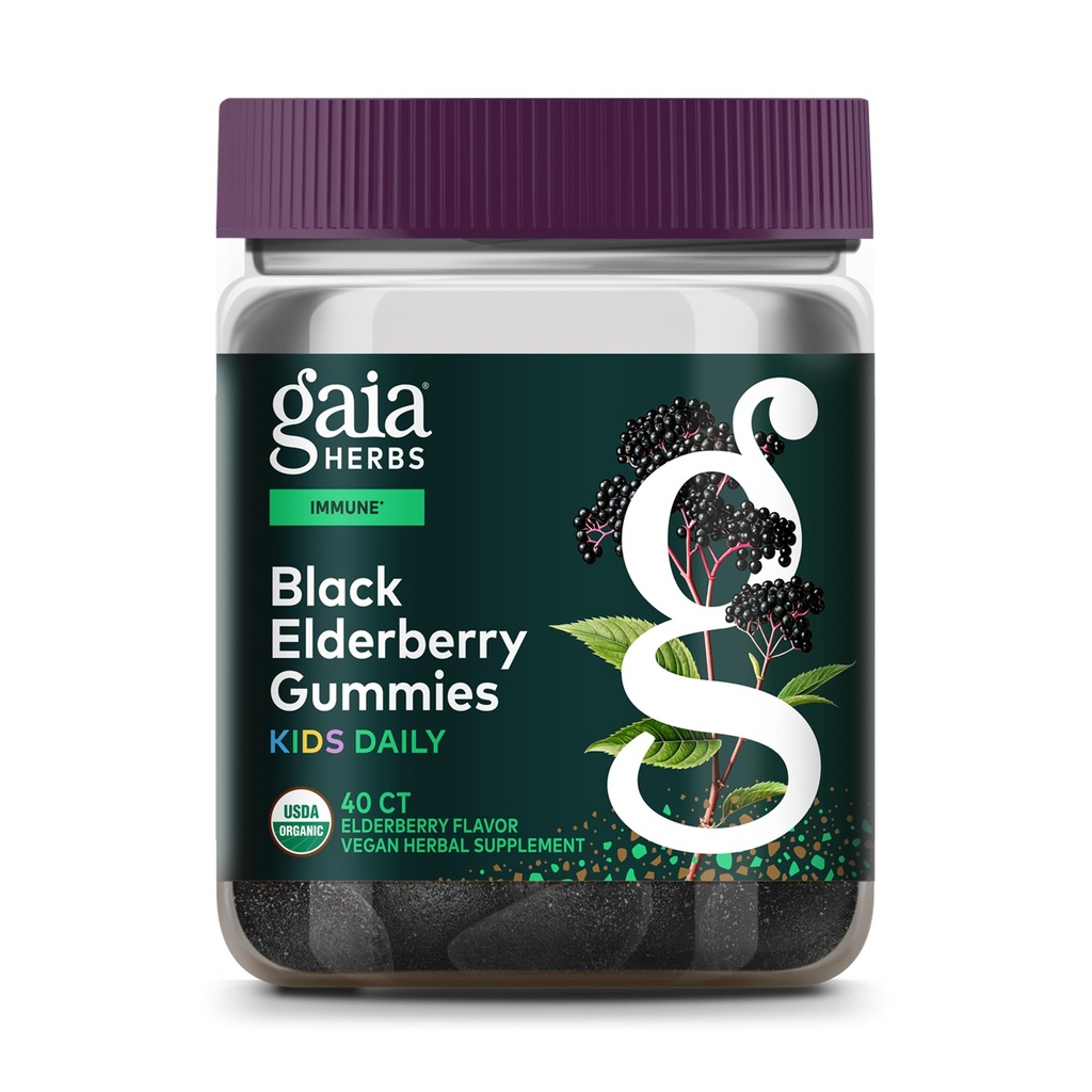 Gaia maitsetaimed GaiaKids Black Elderberry Daily Gummies for Kids - Maitsev Immuunsüsteemi tugisammas - Sertifitseeritud Orgaanilised Mustad Elderberryd Immuunsüsteemi toetuseks - 40 Gummies (40-päevane pakkumine)