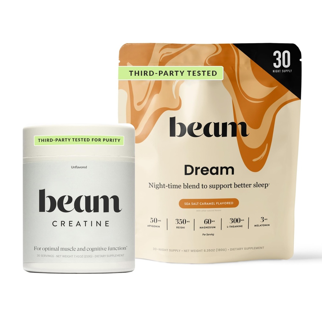 Beam Dream Sleep Powder & Kreatiin Bundle, kolmanda osapoole testitud looduslik uneabi ja taastamise lisa mikroniseeritud kreatiini monohüdraadiga, maitsestamata puhas kreatiini pulber lihaste tugevuseks, energia