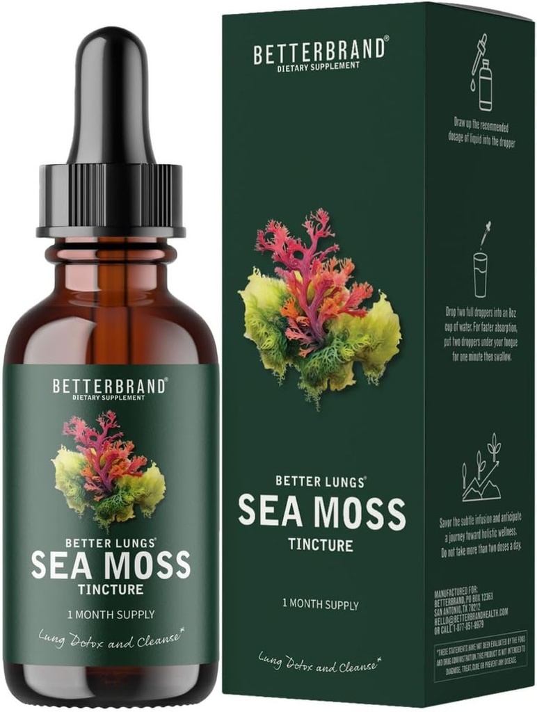 Betterbrand Sea Moss tilgad Vedelik Täiendus Iiri meri Moss Põiepõie Burdock Juur Lung Health Seedetrakti Kilpnäärme Toetus Seamoss langeb 30 päeva pakkumine