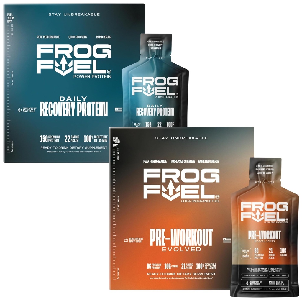 Frog Fuel Power Regulaarne Protein & Ultra Pre Workout Shot Bundle, 1500mg Beeta-alaniin, 15g Valk Nano-Hydrolyzed Grass Fed Collagen, Pre & Post Treening, 1,2 oz Packets, 48 Pack