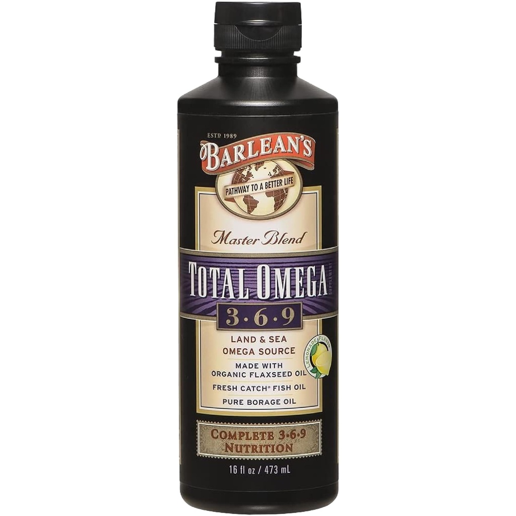 Barlean's Total Omega 3 6 9 Vedel kalaõli lisandiga Borage ja linaseemneõli 6,468 mg Omegas EPA, DHA, ALA ja GLA liigese ja südame tervise jaoks, 16 oz
