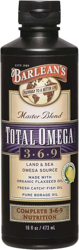 Barlean's Total Omega 3 6 9 Vedel kalaõli lisandiga Borage ja linaseemneõli 6,468 mg Omegas EPA, DHA, ALA ja GLA liigese ja südame tervise jaoks, 16 oz