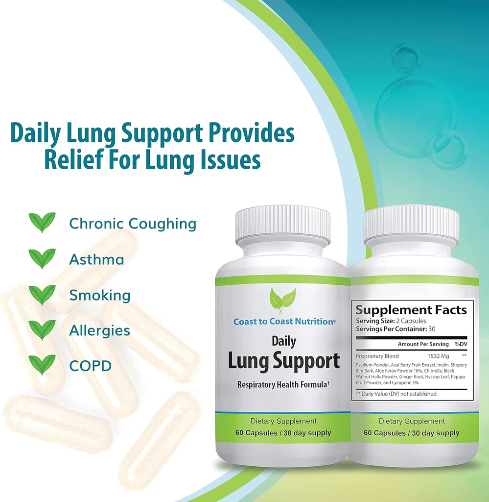 Daily Lung Cleanser & Detox Support Supplement | Värskenda oma kopse, et hingata kergemini | Leevendada hingamisteede probleeme ja tegeleda probleemidega nagu allergiad, vilistav hingamine ja köha | 60 kapslit