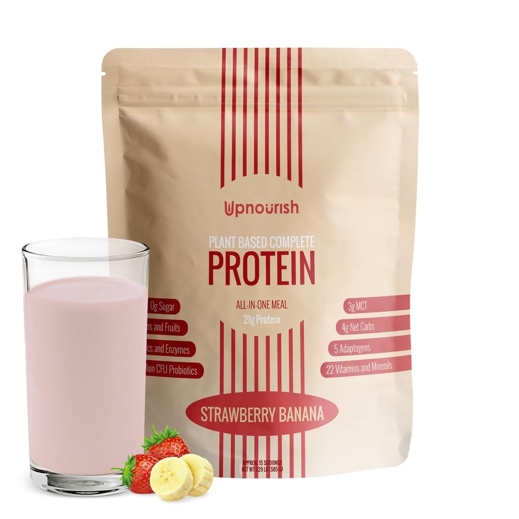 UpNourish Maasikas Banaan Vegan Valk Pulber 54 Superfoods Pulber, 1,5 Miljardit CFU Probiootikumid 21g Taimepõhine Valk, Ei Suhkrut Ei Piimatooted Ei GMO Piimavaba, Toidukorra asendamine Raputa Keto-sõbralikult Madala Süsivesikusisaldusega Dieet,15 Servingud