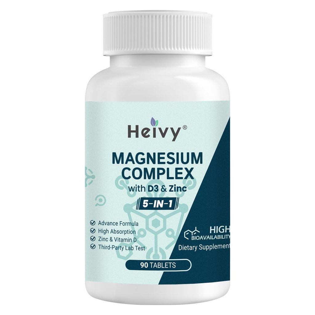 Raske magneesiumkompleks, magneesiumglütsinaat, tsitraat, malaat, oksiid, glükonaat koos tsingi ja D-vitamiiniga3, magneesiumilisand lihastele, närvidele, südamele, luudele, kõrge imendumine, 90 tabletti