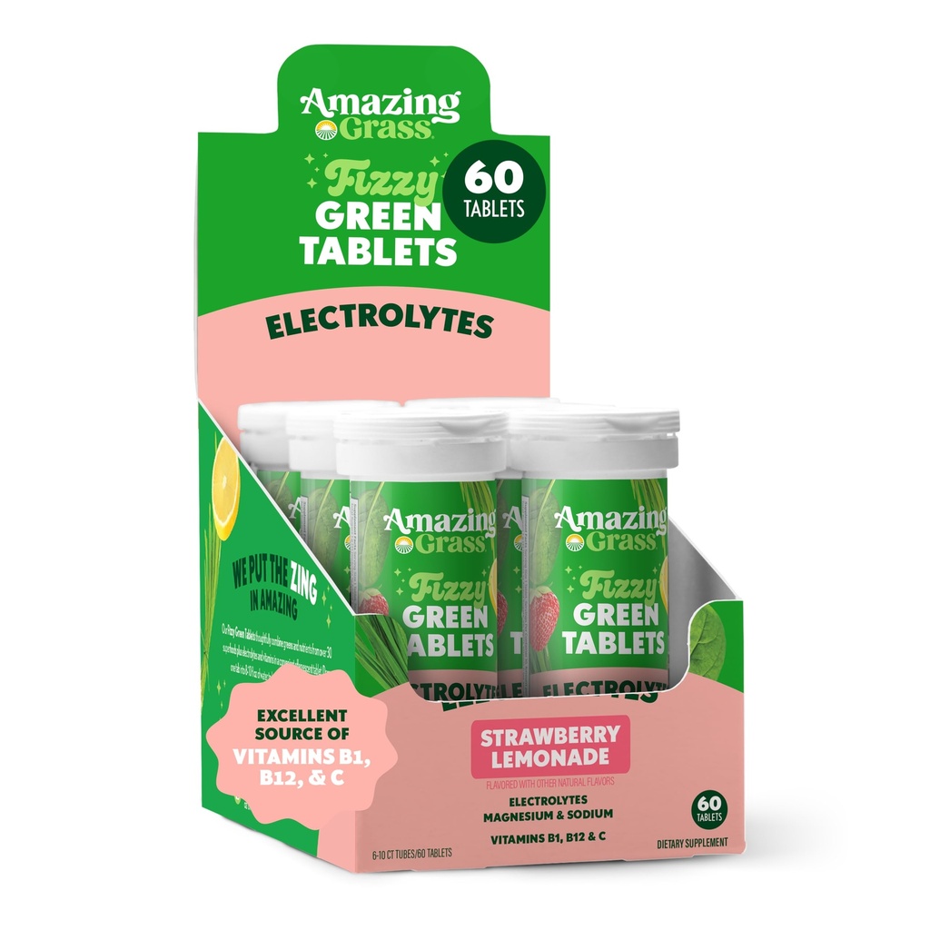 Amazing Grass Electrolyte tabletid, Fizzy Greens Water Flavoring Tablett koos vitamiinidega, Hydrate Strawberry Lemonade, 10 Count (Pakendamine võib varieeruda)