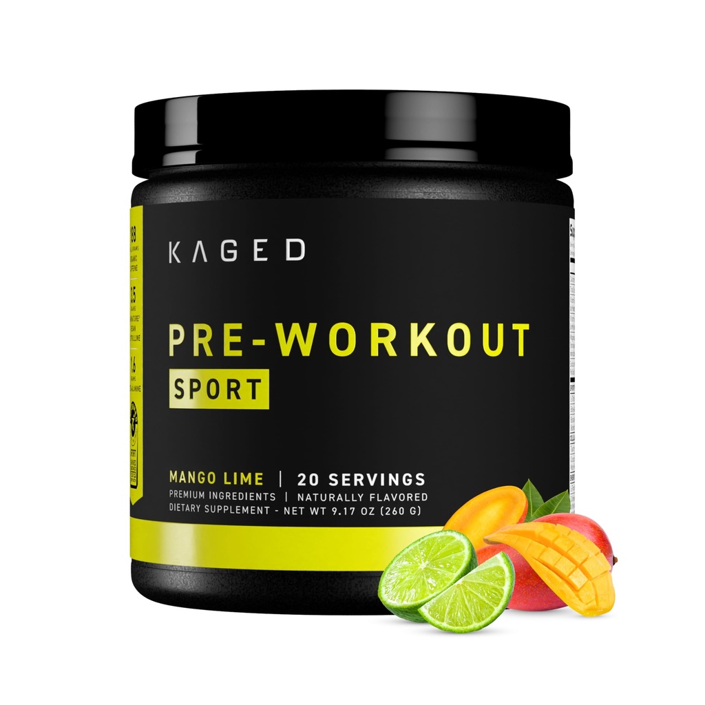 Kaged Sport Pre Workout Pulber meestele ja naistele, Mango Lime, Sport Certified, 188mg Kofeiin, lämmastikoksiidi täiendus, Beeta-alaniin energia, kaalutõus, Cardio vastupidavus ja tugevus, 20 Servings