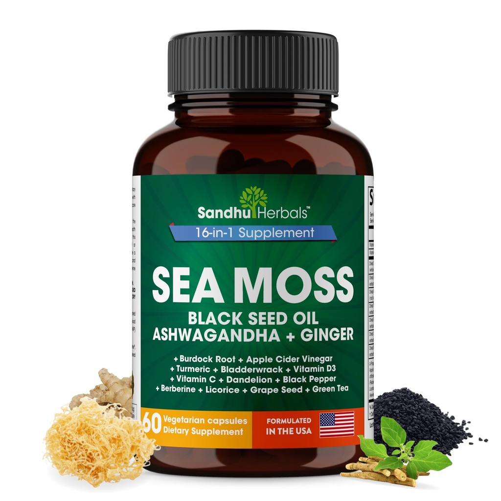 SANDHUHERBALS Sea sammalkapslid musta seemne õliga Ashwagandha Ingver Burdock Juur | Advanced Seamoss 60 Count | Kõik mehed Naised Vanus