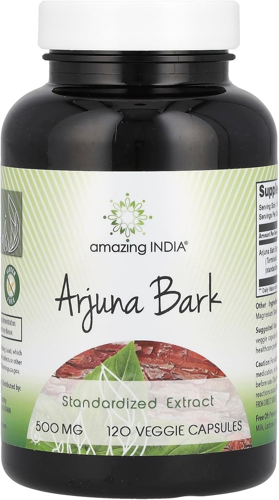Amazing India Arjuna Bark Extract Supplement | 500 Mg | 120 Veggie kapslid | Non-GMO | Gluteenivaba | Valmistatud USAs