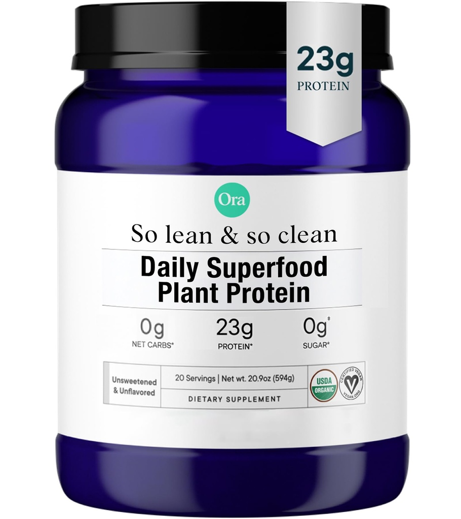 Ora Organic Vegan Valgu Pulber - 23g Taimne Peavalk + Superfood naistele ja meestele - magustamata ja maitsestamata - 20 Servings, No Erythritol, Keto-Friendly, Gluteenivaba, Paleo, Sojavaba