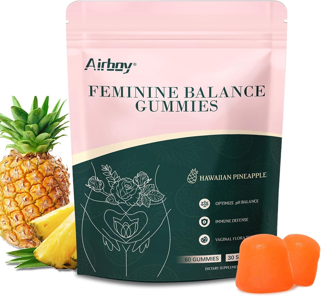 Airboy Feminine Balance Gummies - ananassikummid naistele PH - vaginaalsed probiootikumid Gummy - immuunsuse tugi, vaginaalne Flora tasakaal - 60 kummikut