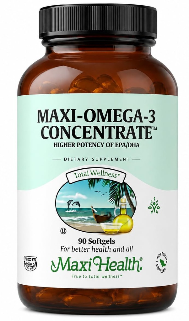 Maxi Health Omega 3 täiendus - Omega-3 kalaõli kontsentraat - EPA / DHA rasvhapete kõrgem potentsiallikas - süda, aju ja liigeste tervis - Kosheri sertifitseeritud looduslikud püütud kalad - 90 taimetoitlast