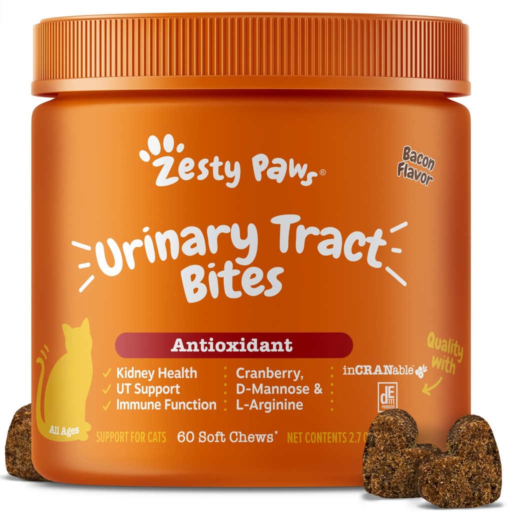 Zesty Paws Cranberry kuseteede hammustused kassidele - neerud ja kuseteede tervis - pehmed närid D-Mannoosiga, vitamiin B6 ja L-arginiin - Immuunsus ja soolestiku tugi - peekon - 60 krahv