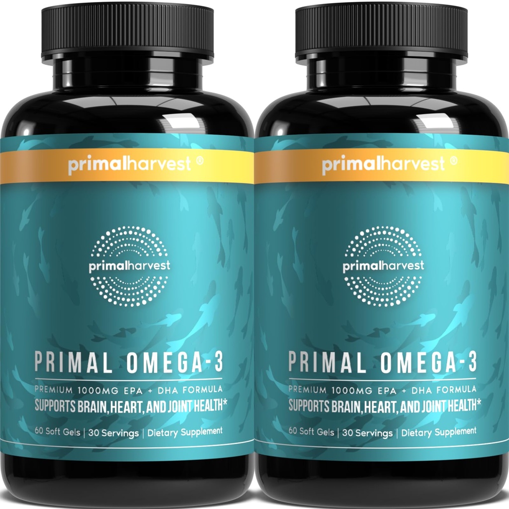 Primal Harvest Omega 3 Kalaõli täiendused, 30 Servings Pehmed Gelid Kapslid w/ 1000mg EPA + DHA toidulisandid, Ei Kalad Burps Non-GMO Omega 3 Rasvhape, 2 Pack