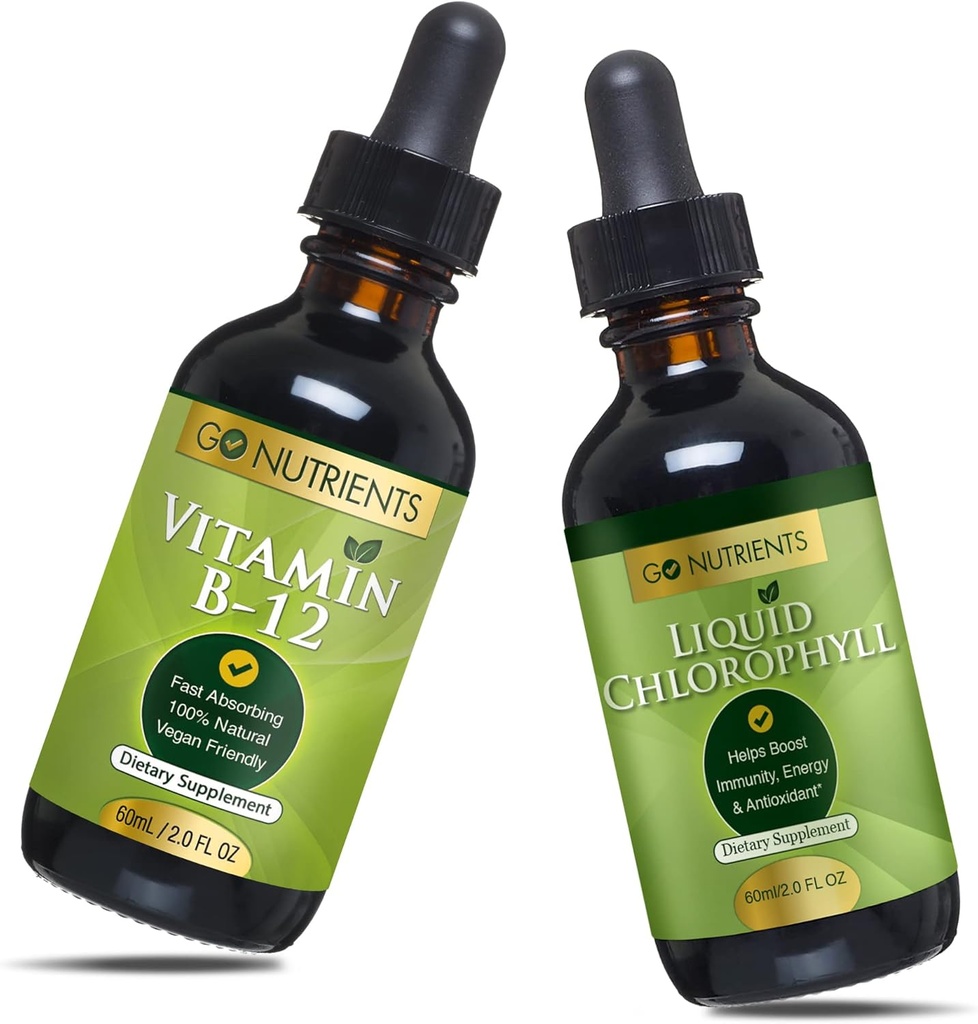 Go Toitained Vitamiin B12 2 oz & Vedel Klorofüll 60 ml GMO vaba, vegan sõbralik, gluteenivaba, sojavaba, vedel klorofüll Vegan Sõbralik B12 Sublingvaalne täiendus 3000 mcg Metüülkobalamiin
