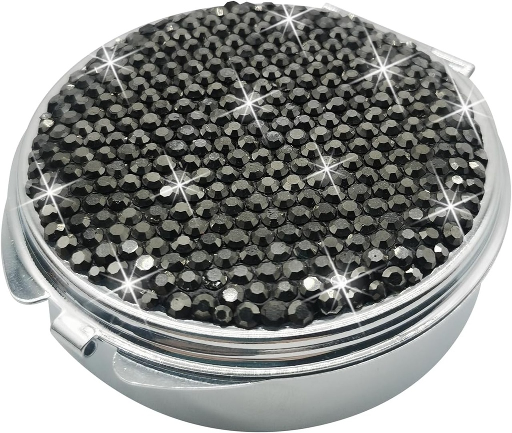Bling Pill Case for Purse Medicine Vitamiinikonteiner Hoidja Tasku Pill Juhtum Ümarmeditsiin Korraldaja Vitamiinid / Kalaõlid / Täiendus Reisimeditsiini Kit (3 osa must)
