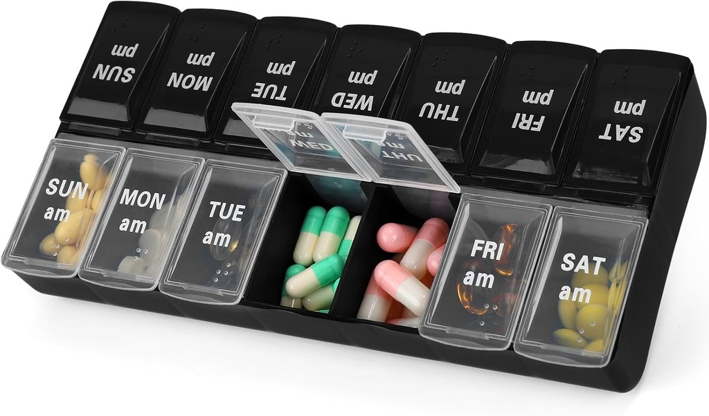 7 Day Weekly AM PM Pill Korraldaja, 2 korda päevas Suur Pill Case Box Pills Vitamiinilisandid Ravimid (must + valge, 2 korda)