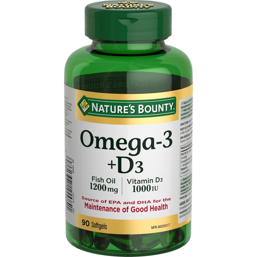 Nature's Bounty Omega-3 + D3 kalaõli 1200mg / D3 1000IU 90 pehmegeelid