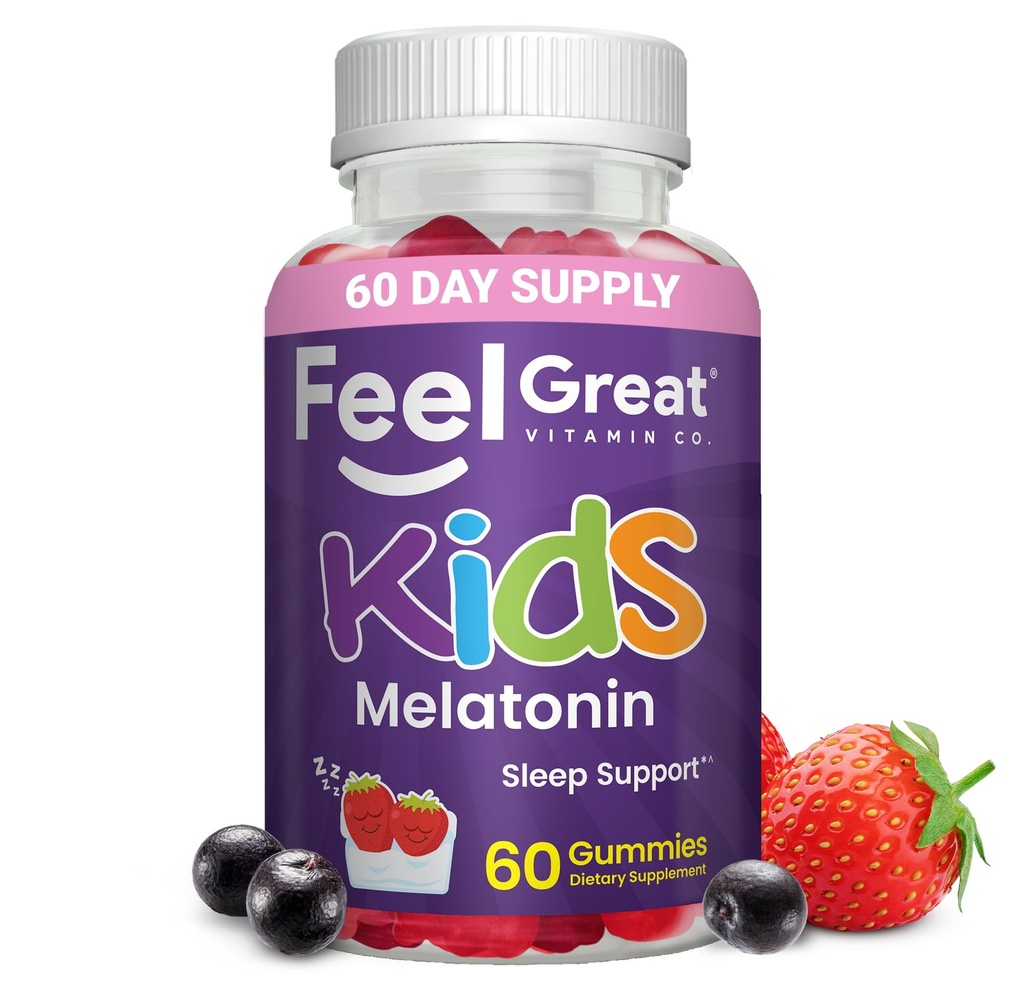 Feel Great Kids Melatoniin Gummy | Maasikas Maitsestatud Melatoniin Gummies Kids | 1 MG melatoniini uneabi lastele | Vegan Gummies | 60 päeva pakkumine