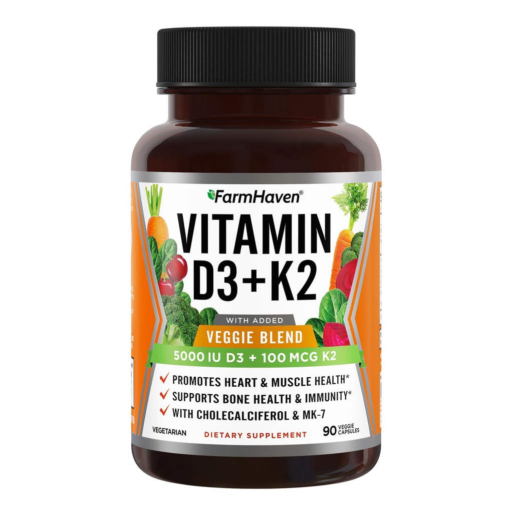 FarmHaven Vitamiin D3 K2 Kapslid - 5000 IU D3 ja 100 mikrogrammi K2 - Kolekaltsiferool MK7 koos Veggie Fruit Blend - Vitamiin D K2 Täiendus immuunsüsteemi ja südame tervise - Taimetoitlane, Non-GMO, 90 kapslit