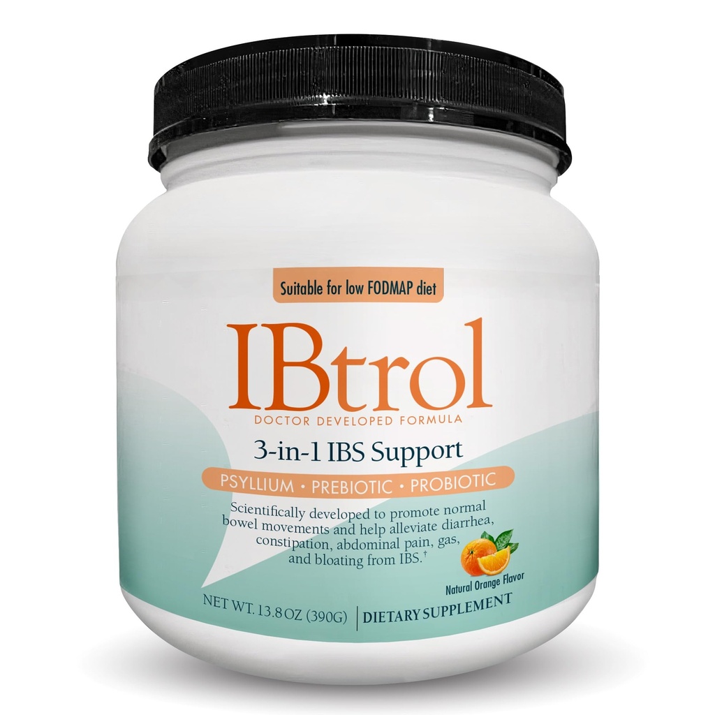 IBtrol® 3-in-1 IBS soolestiku tervise täiendus koos psülliumi, prebiootikumide ja probiootikumidega, haldab IBS-i sümptomeid, gaasi, puhumist, kõhulahtisust, kõhukinnisust, kõhuvalu 60 serveerimist (looduslik oranž maitse)
