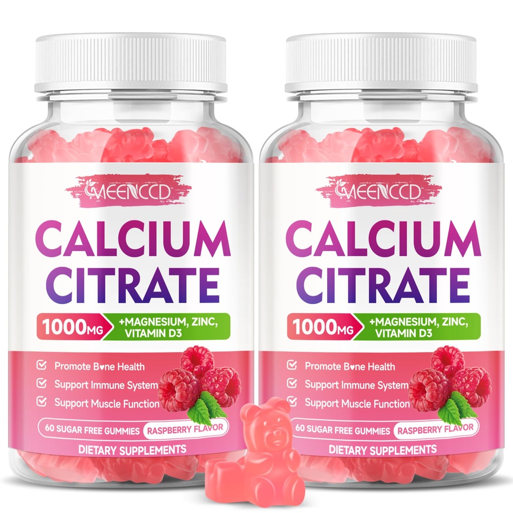2 Pack Kaltsiumtsitraat Gummies 1000mg w / Vitamiin D3, suure imendumisega Kaltsiumkummid naistele ja meestele, pluss magneesium, kaalium, tsink lihastele ja immuunsusele, Vaarikamaitse, 120 krahv