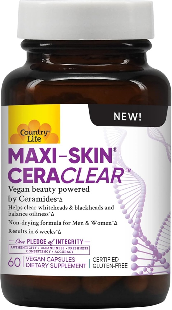 Maxi-Skin CeraClear, 60 Vegan Kapslit – Kliiniliselt õppis Konjac Root Ceramides, et toetada selget, hüdreeritud nahka ja parandada hüperpigmentatsiooni – Gluteenivaba, Vegan, Kosher