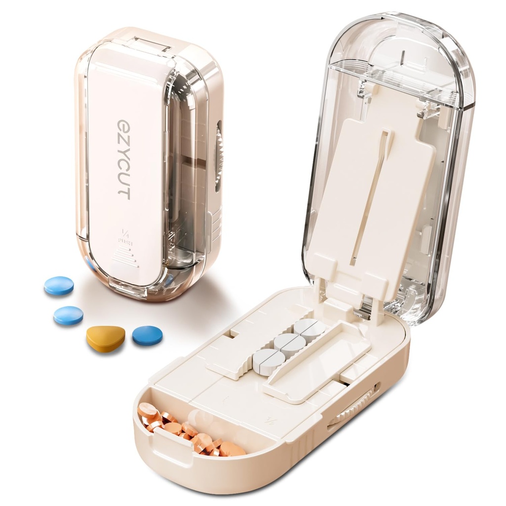 Multi-Pill Cutter with Replaceable Blades & Safety Guard – Precision Splitter for Small to Large Tablets. (Beige)