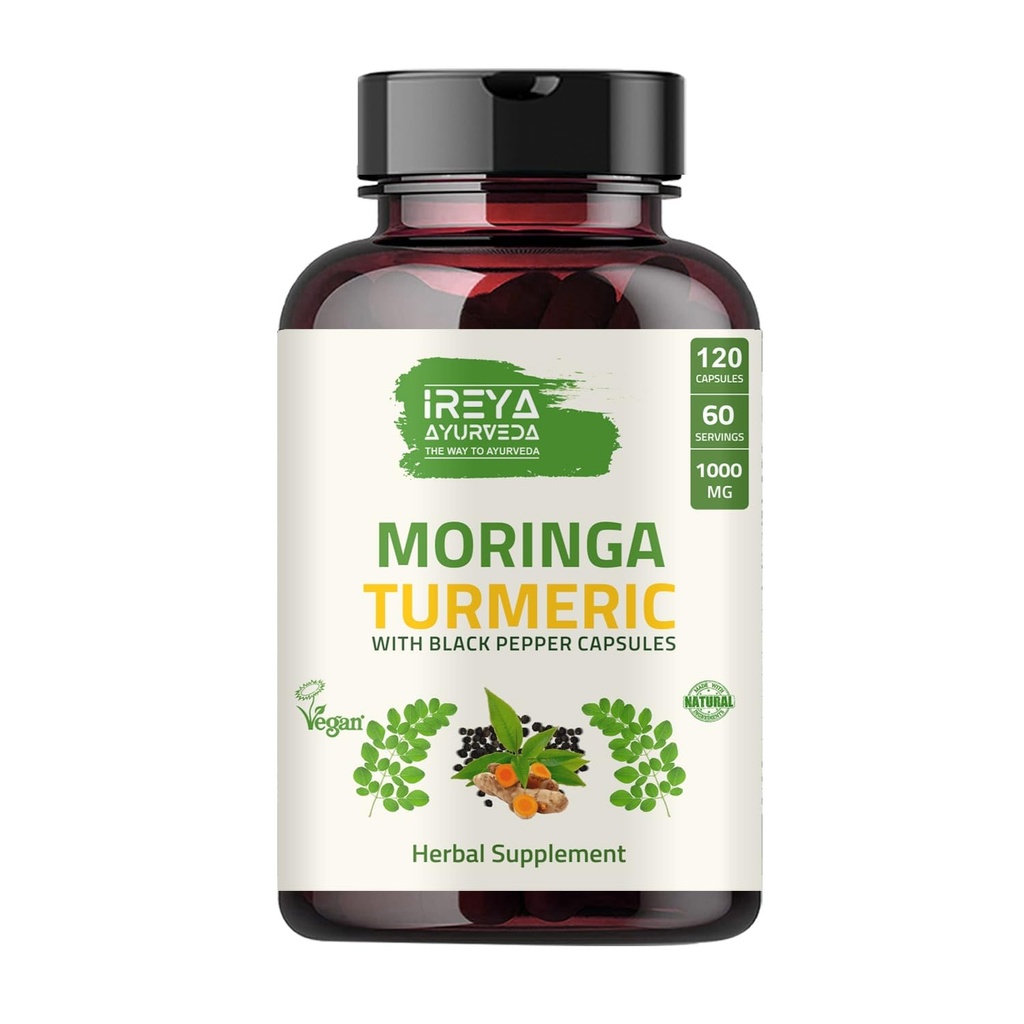 Orgaaniline Moringa Oleifera pulber & kurkumi juurepulber Blackpepper 120 kapsliga | Valmistatud orgaanilise moringa, kurkumi ja musta pipariga | Vegan, Gluteenivaba ja mitte-GMO.