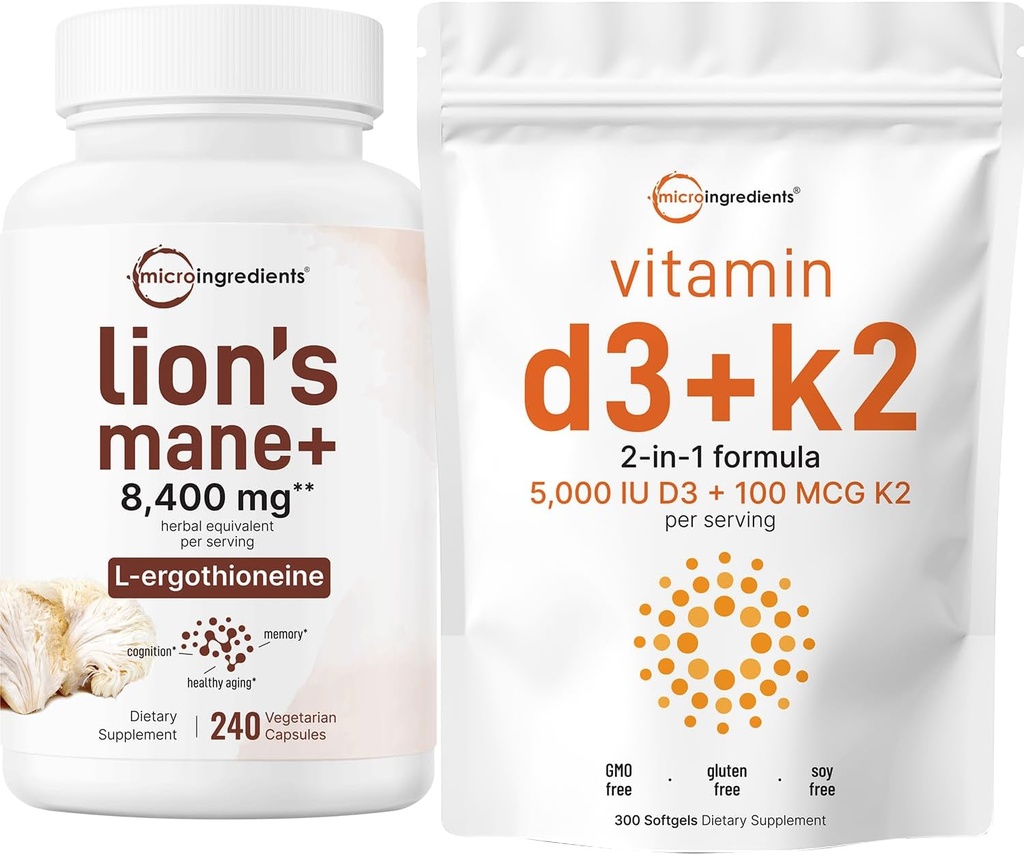 Mikrokoostisosad Vitamiin D3 5000iu + K2 100mcg Softgels & Lions Mane Supplement 240 Veggie Kapslid Bundle 2 Pack | Essential Sunshine Vitamins | Superfood Seened Antioksüdandid L-Ergothioneine