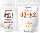 Mikrokoostisosad Vitamiin D3 5000iu + K2 100mcg Softgels & Lions Mane Supplement 240 Veggie Kapslid Bundle 2 Pack | Essential Sunshine Vitamins | Superfood Seened Antioksüdandid L-Ergothioneine