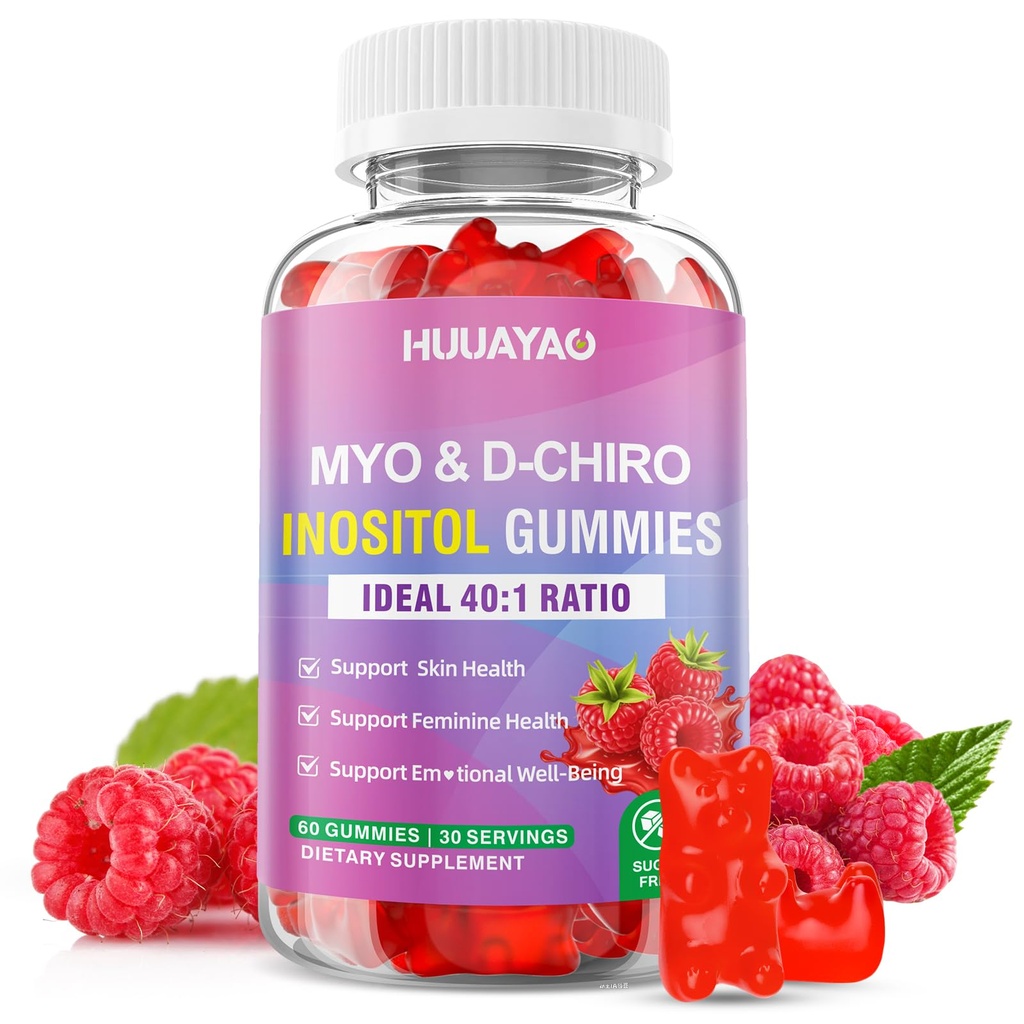 Myo-Inositol & D-Chiro Inositol Gummies, Ideal 40:1 Ratio Inositol Supplement with Vitamin D3, Magnesium Glycinate for Support Hormonal Balance & Wellness, Raspberry Flavor, 60 Count