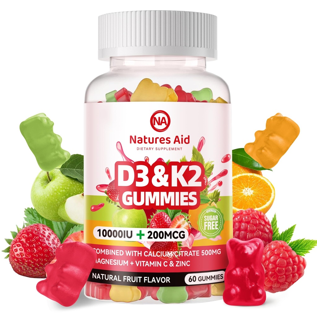 Loodused Aid Suhkruvaba D3 K2 Vitamiin Kummid Kaltsium + K2 (MK-7), Magneesiumtsitraat, C-vitamiin, ekstra tugevus - Ultimate Absorbtion Luu lihashammaste Immune, Vegan - 60 Gummies